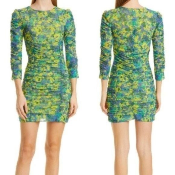Ganni Dresses & Skirts - GANNI Ruched Mesh Sulphur Spring Printed 3/4 Sleeve Mini Dress Size 38/M
